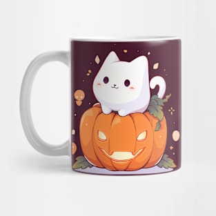 White chubby cat sitting on a pumpkin Mug